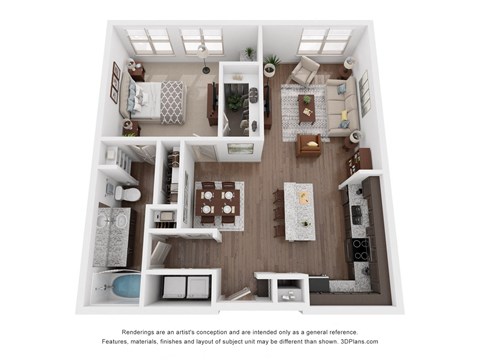 Floor plan for 1 bed, 1 bath, 874 sqft